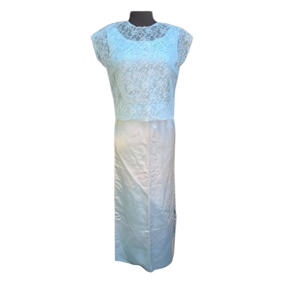 Vtg 60s Sheer Lace Top Satin Coquette Romantic Maxi Dress Size XS Fairy Tale